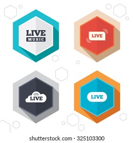 Hexagon buttons. Live music icons. Karaoke or On air stream symbols. Cloud sign. Labels with shadow. Vector