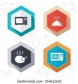 Hexagon buttons. Microwave grill oven icons. Cooking chicken signs. Food platter serving symbol. Labels with shadow. Vector