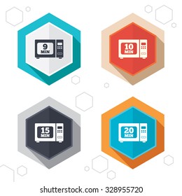 Hexagon buttons. Microwave oven icons. Cook in electric stove symbols. Heat 9, 10, 15 and 20 minutes signs. Labels with shadow. Vector