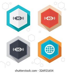 Hexagon buttons. Mobile telecommunications icons. 3G, 4G and 5G technology symbols. World globe sign. Labels with shadow. Vector