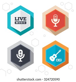 Hexagon buttons. Musical elements icons. Microphone and Live music symbols. Paid music and acoustic guitar signs. Labels with shadow. Vector