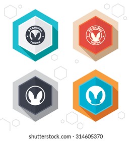 Hexagon buttons. No animals testing icons. Non-human experiments signs symbols. Labels with shadow. Vector