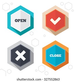 Hexagon buttons. Open and Close icons. Check or Tick. Delete remove signs. Yes correct and cancel symbol. Labels with shadow. Vector