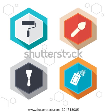 Hexagon buttons. Paint roller, brush icons. Spray can and Spatula signs. Wall repair tool and painting symbol. Labels with shadow. Vector