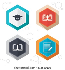 Hexagon buttons. Pencil with document and open book icons. Graduation cap symbol. Higher education learn signs. Labels with shadow. Vector