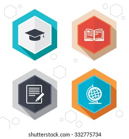 Hexagon buttons. Pencil with document and open book icons. Graduation cap and geography globe symbols. Learn signs. Labels with shadow. Vector