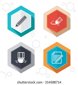 Hexagon buttons. Pencil icon. Edit document file. Eraser sign. Correct drawing symbol. Labels with shadow. Vector