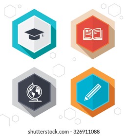 Hexagon buttons. Pencil and open book icons. Graduation cap and geography globe symbols. Education learn signs. Labels with shadow. Vector