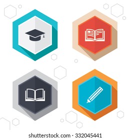 Hexagon buttons. Pencil and open book icons. Graduation cap symbol. Higher education learn signs. Labels with shadow. Vector