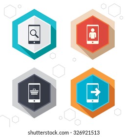 Hexagon buttons. Phone icons. Smartphone video call sign. Search, online shopping symbols. Outcoming call. Labels with shadow. Vector