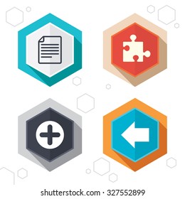 Hexagon buttons. Plus add circle and puzzle piece icons. Document file and back arrow sign symbols. Labels with shadow. Vector