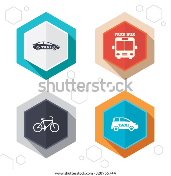 Hexagon
buttons. Public transport icons. Free bus, bicycle and taxi signs.
Car transport symbol. Labels with shadow.
Vector
