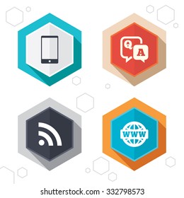 Hexagon buttons. Question answer icon.  Smartphone and Q&A chat speech bubble symbols. RSS feed and internet globe signs. Communication Labels with shadow. Vector