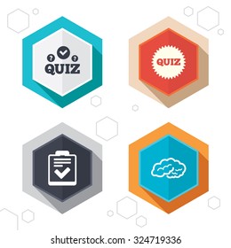 Hexagon buttons. Quiz icons. Human brain think. Checklist symbol. Survey poll or questionnaire feedback form. Questions and answers game sign. Labels with shadow. Vector