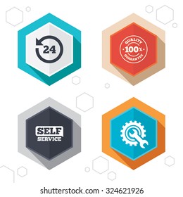 Hexagon buttons. Repair fix tool icons. 24h Customer support service signs. 100% quality guarantee symbol. Cogwheel gear with wrench key. Labels with shadow. Vector