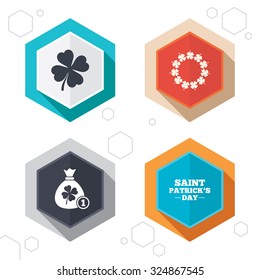 Hexagon buttons. Saint Patrick day icons. Money bag with coin and clover sign. Wreath of quatrefoil clovers. Symbol of good luck. Labels with shadow. Vector