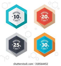 Hexagon buttons. Sale discount icons. Special offer stamp price signs. 10, 20, 25 and 30 percent off reduction symbols. Labels with shadow. Vector