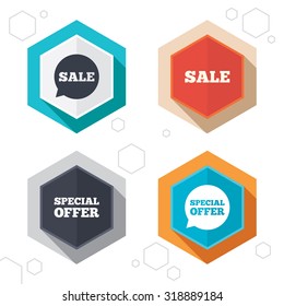 Hexagon buttons. Sale icons. Special offer speech bubbles symbols. Shopping signs. Labels with shadow. Vector