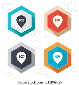 Hexagon buttons. Sale pointer tag icons. Discount special offer symbols. 10%, 20%, 30% and 40% percent discount signs. Labels with shadow. Vector