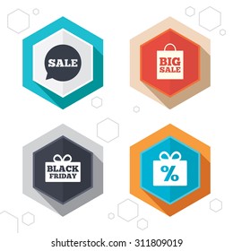 Hexagon buttons. Sale speech bubble icon. Black friday gift box symbol. Big sale shopping bag. Discount percent sign. Labels with shadow. Vector