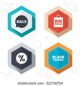 Hexagon buttons. Sale speech bubble icon. Discount star symbol. Black friday sign. Big sale shopping bag. Labels with shadow. Vector