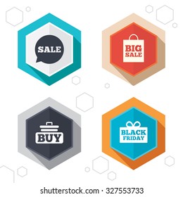Hexagon buttons. Sale speech bubble icons. Buy cart symbols. Black friday gift box signs. Big sale shopping bag. Labels with shadow. Vector