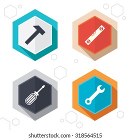 Hexagon buttons. Screwdriver and wrench key tool icons. Bubble level and hammer sign symbols. Labels with shadow. Vector