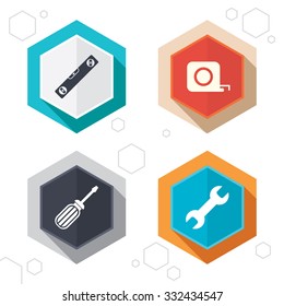 Hexagon buttons. Screwdriver and wrench key tool icons. Bubble level and tape measure roulette sign symbols. Labels with shadow. Vector