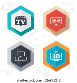 Hexagon buttons. Smart TV mode icon. Aspect ratio 16:9 widescreen symbol. 3D Television and TV table signs. Labels with shadow. Vector