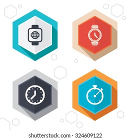 Hexagon buttons. Smart watch with internet icons. Mechanical clock time, Stopwatch timer symbols. Wrist digital watch sign. Labels with shadow. Vector
