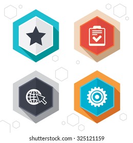 Hexagon buttons. Star favorite and globe with mouse cursor icons. Checklist and cogwheel gear sign symbols. Labels with shadow. Vector