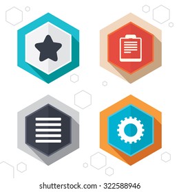 Hexagon buttons. Star favorite and menu list icons. Checklist and cogwheel gear sign symbols. Labels with shadow. Vector