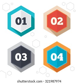 Hexagon buttons. Step one, two, three and four icons. Sequence of options symbols. Loading process signs. Labels with shadow. Vector