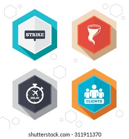 Hexagon buttons. Strike icon. Storm bad weather and group of people signs. Delayed flight symbol. Labels with shadow. Vector