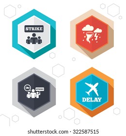 Hexagon buttons. Strike icon. Storm bad weather and group of people signs. Delayed flight symbol. Labels with shadow. Vector