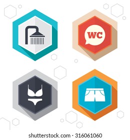 Hexagon buttons. Swimming pool icons. Shower water drops and swimwear symbols. WC Toilet speech bubble sign. Trunks and women underwear. Labels with shadow. Vector