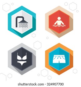Hexagon buttons. Swimming pool icons. Shower water drops and swimwear symbols. Human stands in sea waves sign. Trunks and women underwear. Labels with shadow. Vector