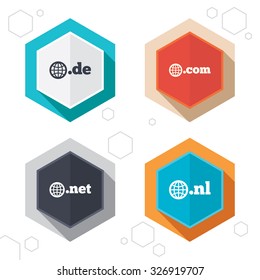 Hexagon buttons. Top-level internet domain icons. De, Com, Net and Nl symbols with globe. Unique national DNS names. Labels with shadow. Vector