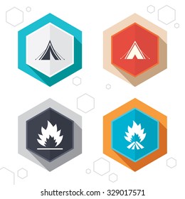 Hexagon buttons. Tourist camping tent icons. Fire flame sign symbols. Labels with shadow. Vector