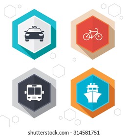 Hexagon buttons. Transport icons. Taxi car, Bicycle, Public bus and Ship signs. Shipping delivery symbol. Family vehicle sign. Labels with shadow. Vector