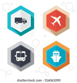 Hexagon buttons. Transport icons. Truck, Airplane, Public bus and Ship signs. Shipping delivery symbol. Air mail delivery sign. Labels with shadow. Vector