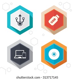 Hexagon buttons. Usb flash drive icons. Notebook or Laptop pc symbols. Smartphone device. CD or DVD sign. Compact disc. Labels with shadow. Vector