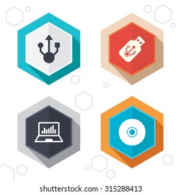 Hexagon buttons. Usb flash drive icons. Notebook or Laptop pc symbols. CD or DVD sign. Compact disc. Labels with shadow. Vector