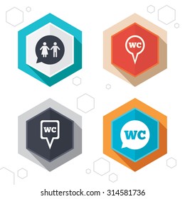 Hexagon buttons. WC Toilet pointer icons. Gents and ladies room signs. Man and woman speech bubble symbols. Labels with shadow. Vector