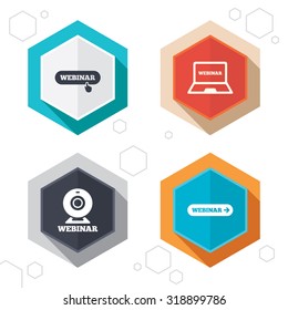 Hexagon buttons. Webinar icons. Web camera and notebook pc signs. Website e-learning or online study symbols. Labels with shadow. Vector