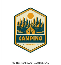 Hexagon camping badge featuring pine trees and mountain view in flat design style.