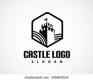 hexagon castle line art drawing logo symbol emblem design illustration inspiration
