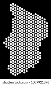 Hexagon Chad map. Vector territorial scheme on a black background. Abstract Chad map mosaic is done with hex-tile spots.