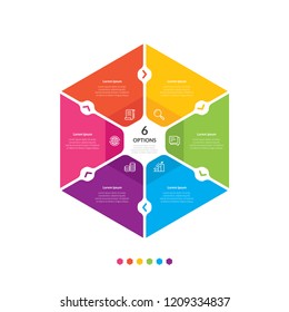 Hexagon chart infographic template with 6 options for presentations, Advertising, Layouts, Annual report - Vector illustration