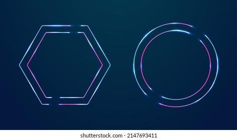 Hexagon and circle neon frames set. Vector empty borders tor text. Illuminated glowing neon frame night club signs. Thin shining line borders, led flare text boxes. Cyberspace style design